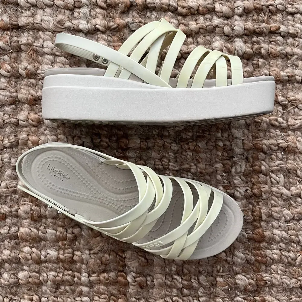 Crocs Brooklyn Strappy Low Wedge Sandals Womens 8 Cream LiteRide Platform
